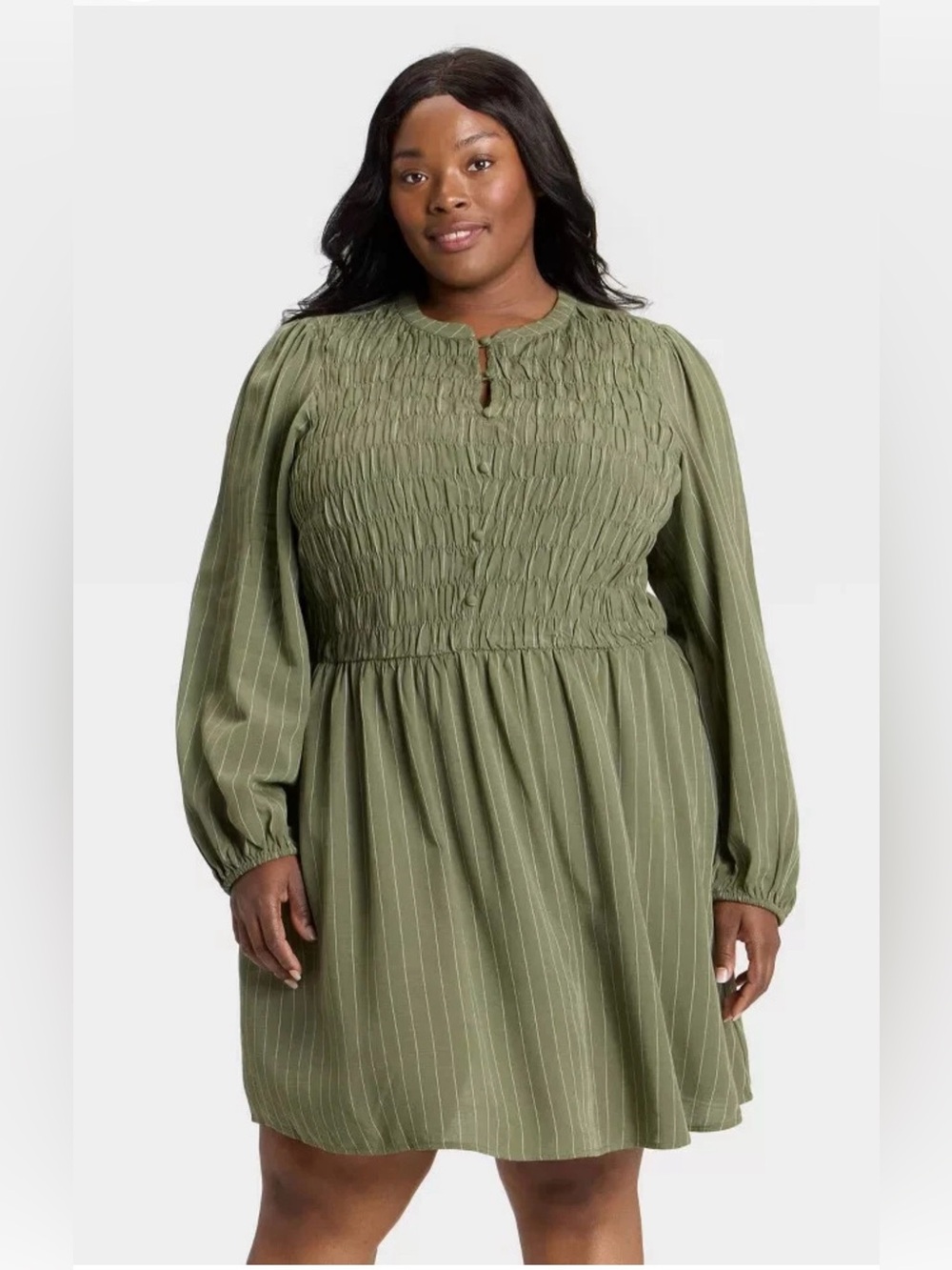 Women's Bishop Long Sleeve
Button-Up Smocked Mini Dress - Ava & Viv Size 1X